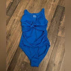 Denim & Co. Beach Twist V-Neck One-Piece With Ruching- Sapphire Blue Size 8